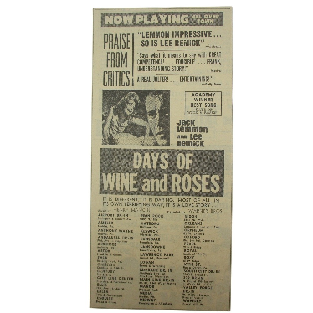 Vintage 1962 Days of Wine and Roses Movie‎ Newspaper Ad Clipping Jack Lemmon